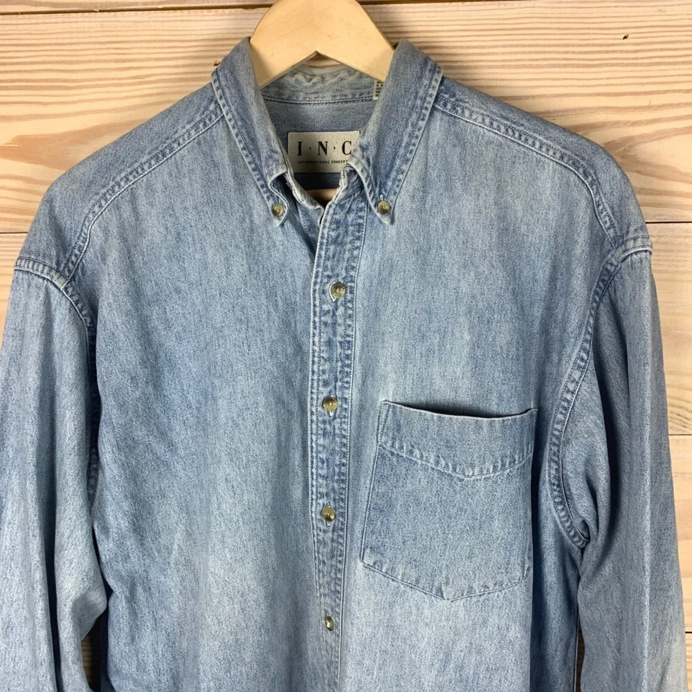 INC Denim Shirt Mens M‎ Blue Chambray Long Sleeve Workwear VTG 90s Hong Kong